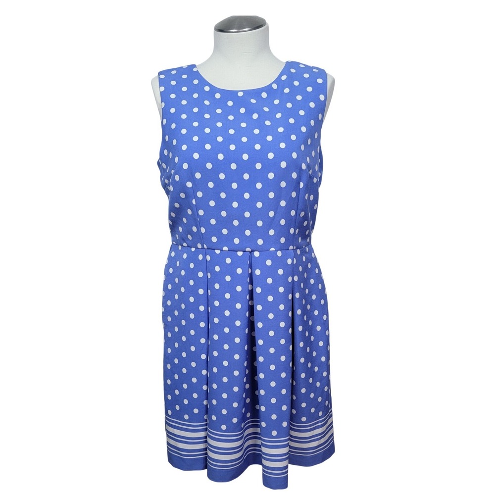 Liz Claiborne Fit Flare Dress Womens 16 Blue Polka Dot Striped Hem Pockets Retro